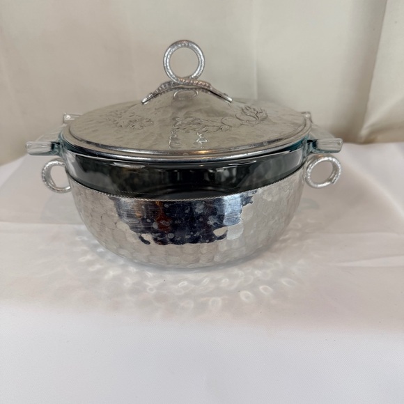 PYREX VINTAGE Glass Dish w/Metal Holder Cozy And Lid France Floral Etched